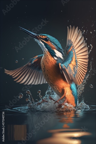 Beautiful kingfisher in water. Generative AI. © Bargais