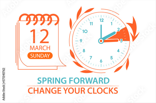Daylight Saving Time Begins 2023 web banner. Change your clocks forward one hour. Spring forward web guide reminder with schedule and date in graphic flat style. Vector illustration