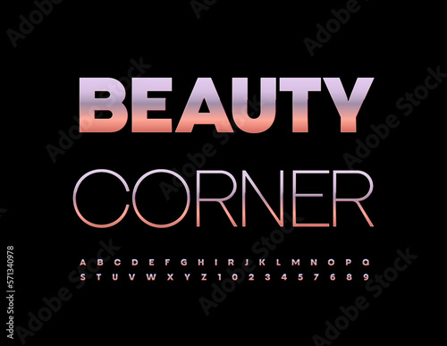 Vector premium emblem Beauty Corner with stylish metallic Font. Chic Alphabet Letters and Numbers set
