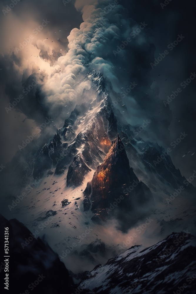 Dramatic mountain with clouds. Generative AI.