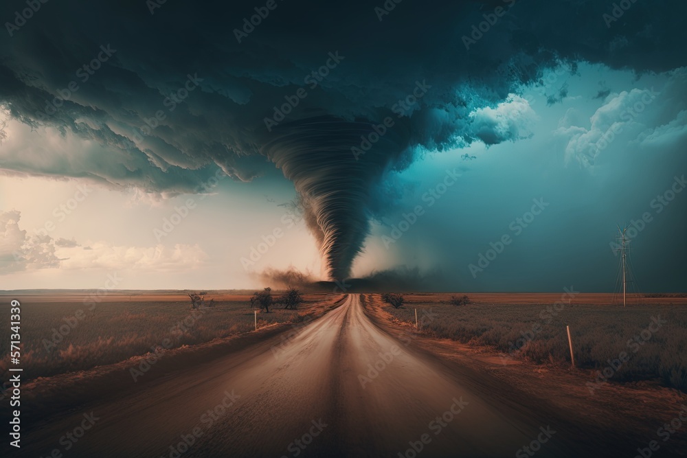 Dramatic view of coming Tornado. Generative AI.