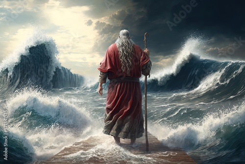 Moses walking over sea. Generative AI.