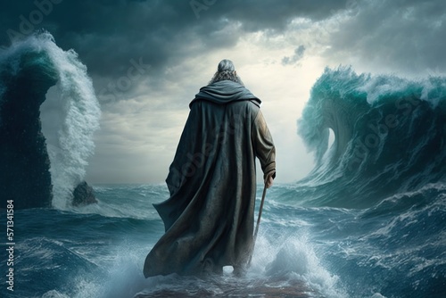 Moses walking over sea. Generative AI. © Bargais