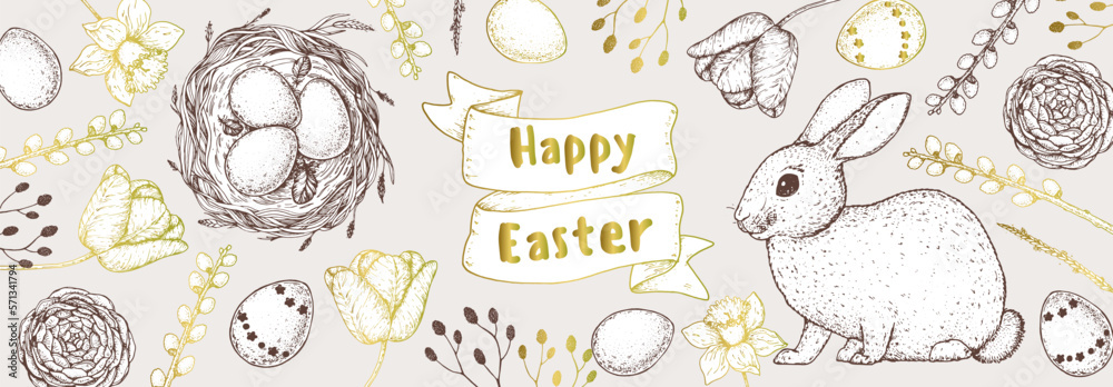 Easter frame vector illustration. Hand drawn sketches. Design elements. Hand drawn easter bunny, easter eggs, spring flowers, basket, nest with eggs . Vintage engraved style.