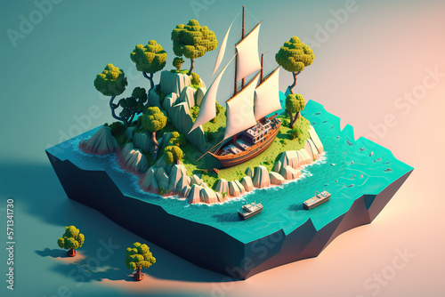 Boat and island with ocean and trees using Generative AI technology