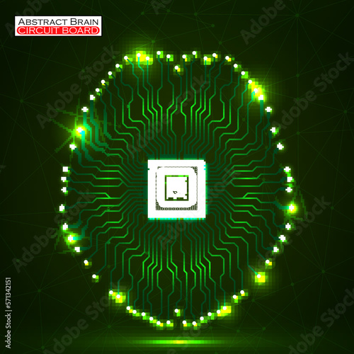 Abstract neon technological brain, artificial intelligence with cpu, circuit board