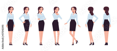 Attractive effective businesswoman set, different standing poses. Office girl, female manager, formal pencil skirt for work occasion. Vector flat style cartoon character isolated, white background