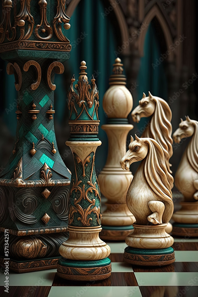 Fototapeta premium Portrait of chess pieces and chess board