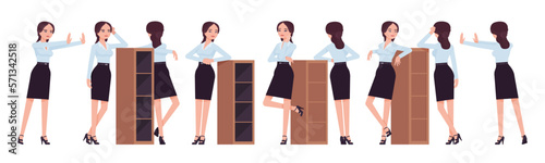Attractive effective businesswoman set, furniture leaning poses. Office girl, female manager in formal pencil skirt for work occasion. Vector flat style cartoon character isolated, white background