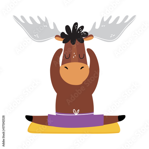 Cute elk meditating in yoga position. Adorable animal practicing yoga exercise cartoon vector illustration