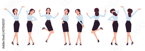 Attractive effective businesswoman set, positive emotions, poses. Office girl, female manager in formal pencil skirt for work occasion. Vector flat style cartoon character isolated, white background