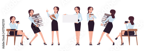 Attractive young effective businesswoman set, holding objects poses. Office girl, female manager, formal pencil skirt for work occasion. Vector flat style cartoon character isolated, white background