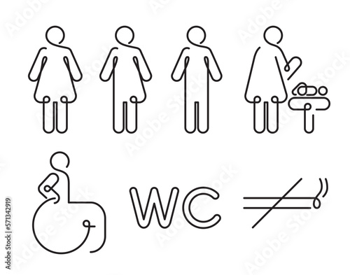 Linear toilet icon set. Male, female, transgender signs. WC sign. All gender restroom sign. Men, women, mother and baby, handicap symbols. No smoking icon. Disabled person. Editable stroke.
