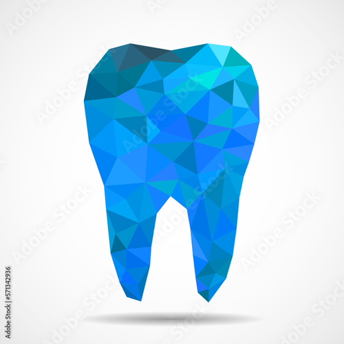 Polygonal blue tooth isolated on white background. Dental and orthodontics medical concept. Low poly style