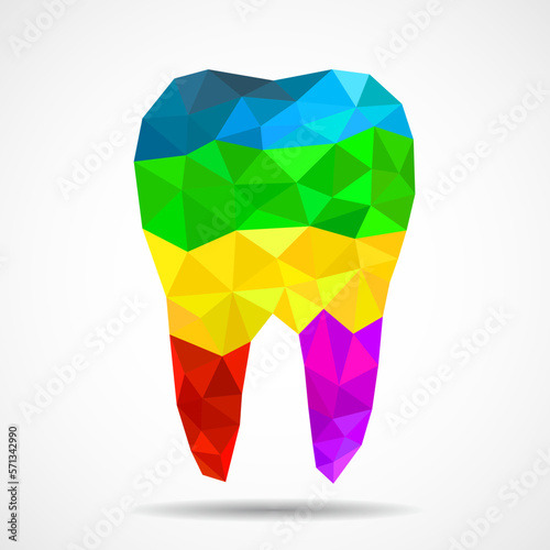 Polygonal colorful tooth isolated on white background. Dental and orthodontics medical concept. Low poly style