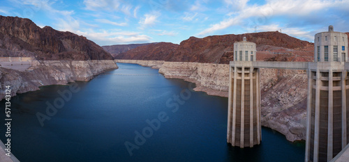 Hoover Dam with record low water level, shot in Feb 2023 photo