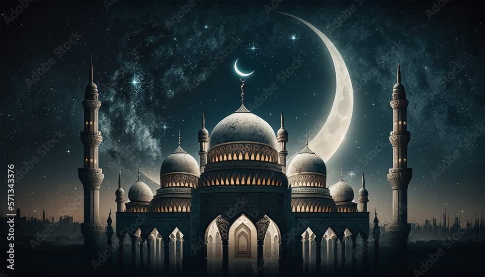 Beautiful mosque full view with starry and crescent moon moon night. Generative AI - obrazy, fototapety, plakaty 