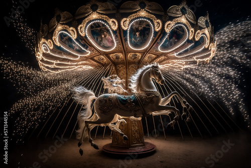 fantasy magical carousel most amazing intricate carousel in the world fairy lights tiny pixies flying in the air,generative ai.