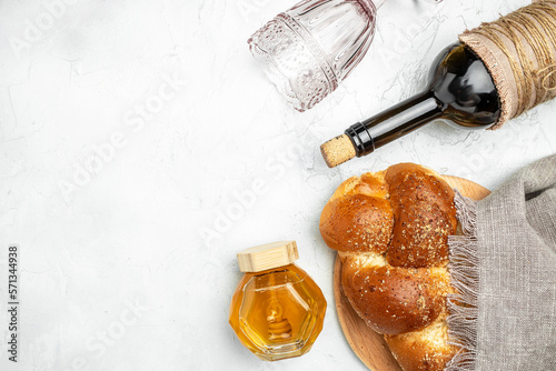 Challah bread, shabbat wine, Traditional Jewish Shabbat ritual. Shabbat or Shabath concept. Long banner format. top view photo