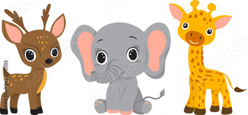 cartoon giraffe, baby elephant and deer on white background vector