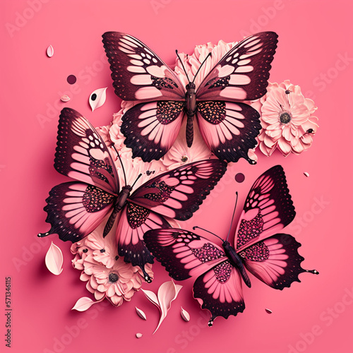 Butterflies on a pink background. Generative AI.