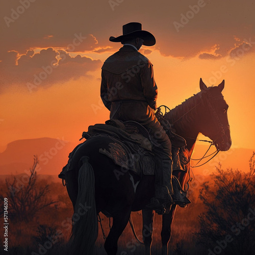 Cowboy on his horse. Generative AI.