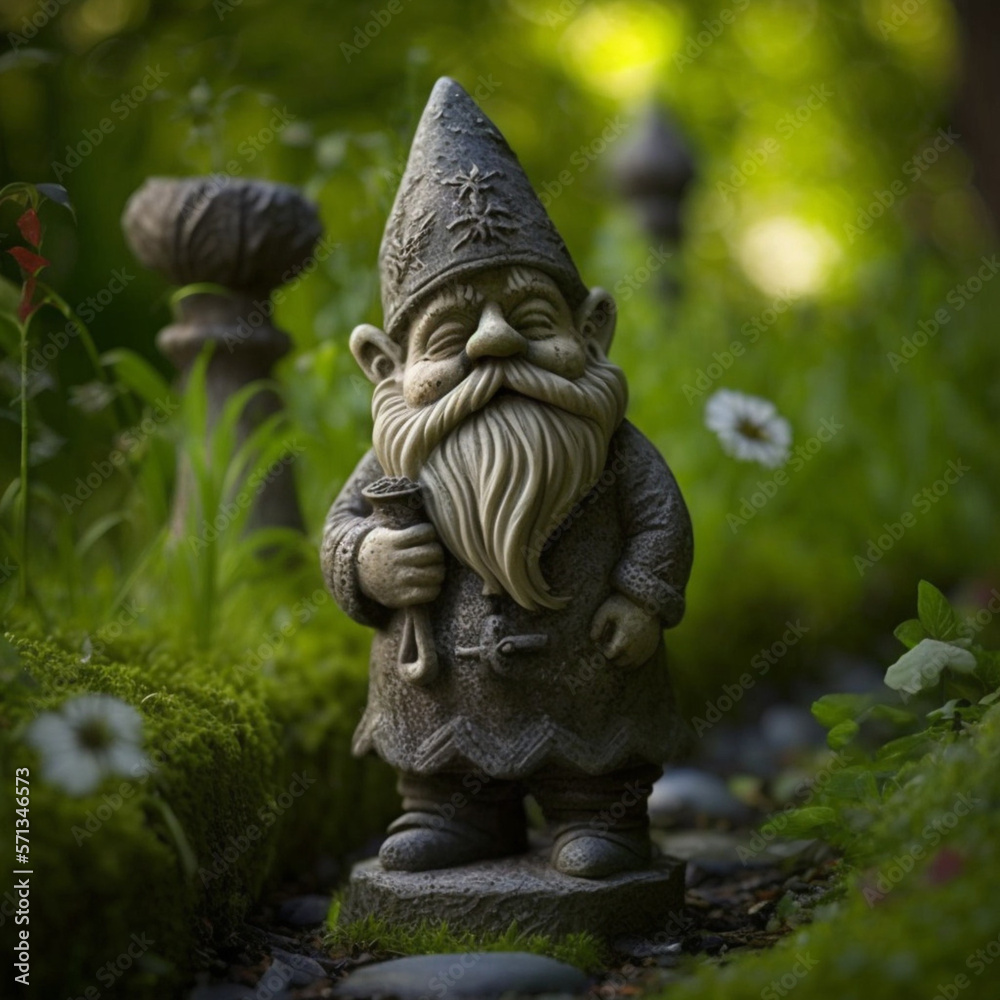 Gnome statue in a garden. Generative AI. Gnome statue in a garden. Generative AI.