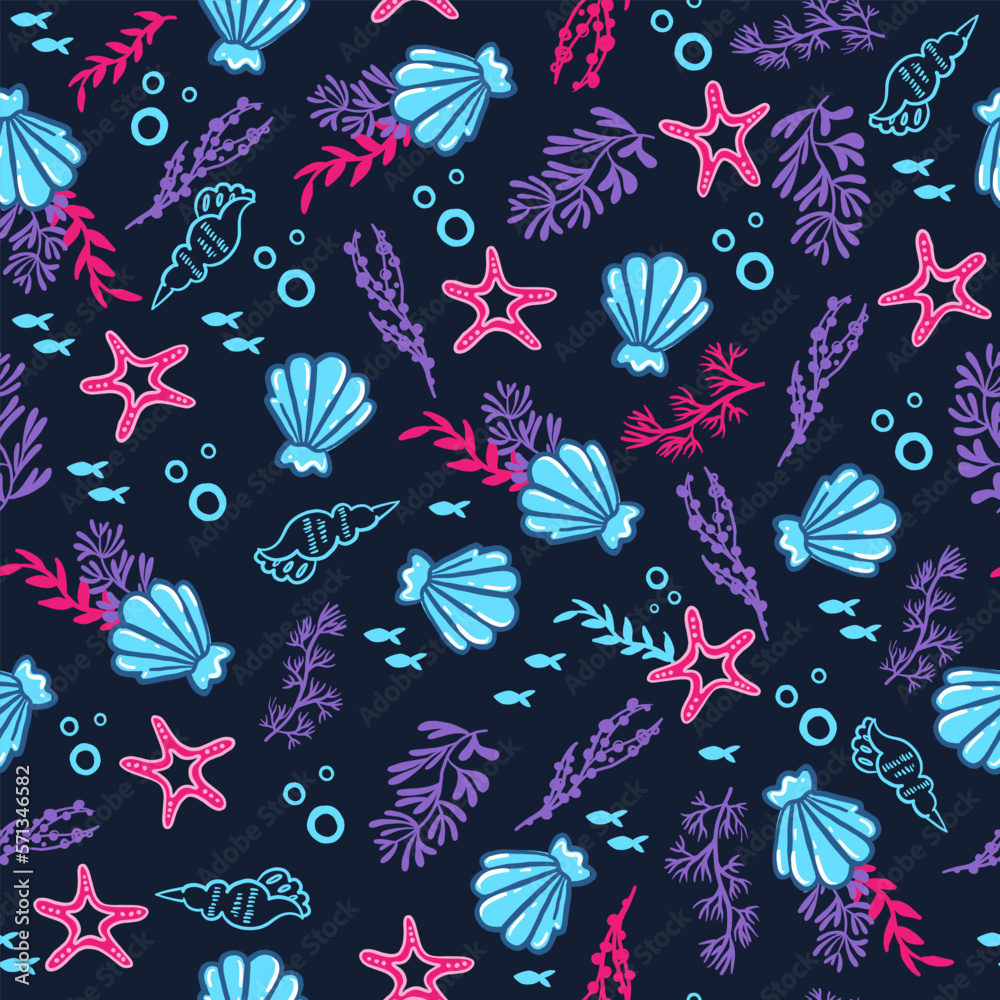 Fototapeta premium Seamless pattern with starfish, corals, pearls and seashells. Vector background with marine theme.