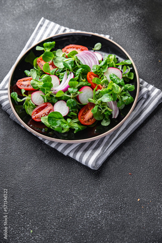 fresh salad vegetable food tomato, radish, mache lettuce, green leaves snack meal on the table copy space food background rustic top view