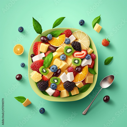 Bowl with a fruit salad on a green background. Generative AI.