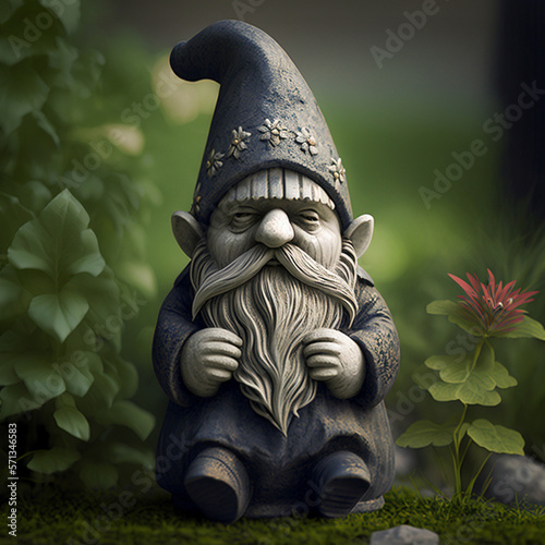 Gnome statue in a garden. Generative AI.