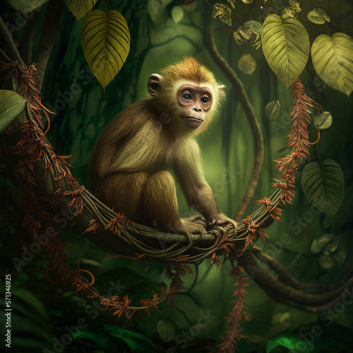 Monkey in a liana of a tree. Generative AI.