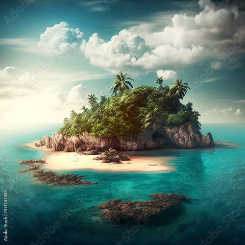 Tropical and deserted island in the middle of the Caribbean Sea. Generative AI.