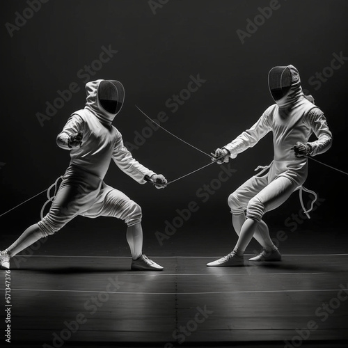 Two people practicing fencing. Generative AI.