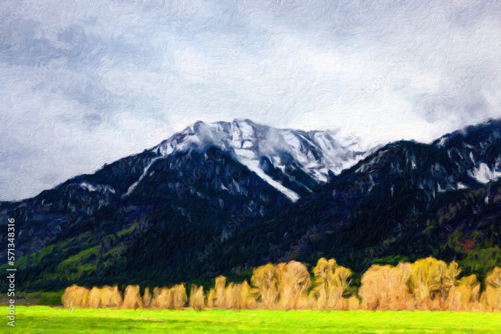 Grand Tetons in autumn is extensively modified from an original digital photograph to create a digital illustration