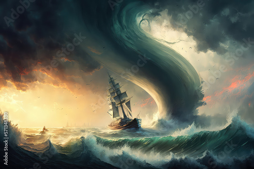 fishing boat navigating during a storm. Thunder, rain big waves on the ocean. Black boat setting sails on rough water, sea. Digital artwork, painting. (ai generated)