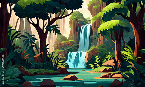 Tropical island with trees and a waterfall  minimalistic vector design