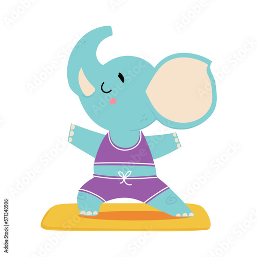 Cute funny baby elephant doing yoga. Adorable animal practicing fitness exercise cartoon vector illustration