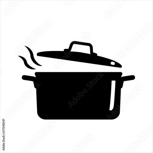 Cooking pan icon. Saucepan with boiling soup. Vector illustration isolated on white background.