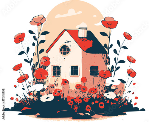 House among huge red flowers. House of your dreams..