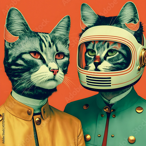 Abstract Funky Cats music band illustration, fashionable, retro pop and coroful pattern. Generative AI photo