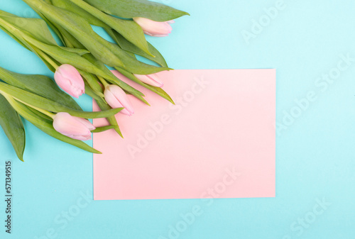 Tulips greeting card for mothers day, birthday, easter holiday, valentines day, spring season, pastel color 