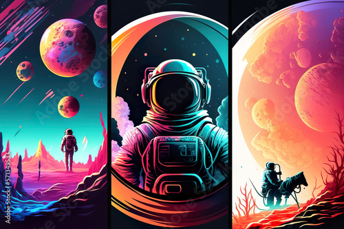 Representation of an astronaut in different environments. illustration of an astronaut in the galaxy with planets. Space objects in the background. Made with AI.