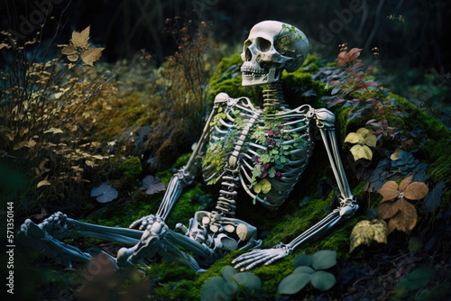 old skeleton with grass weeds and fungi growing on it made by generative ai