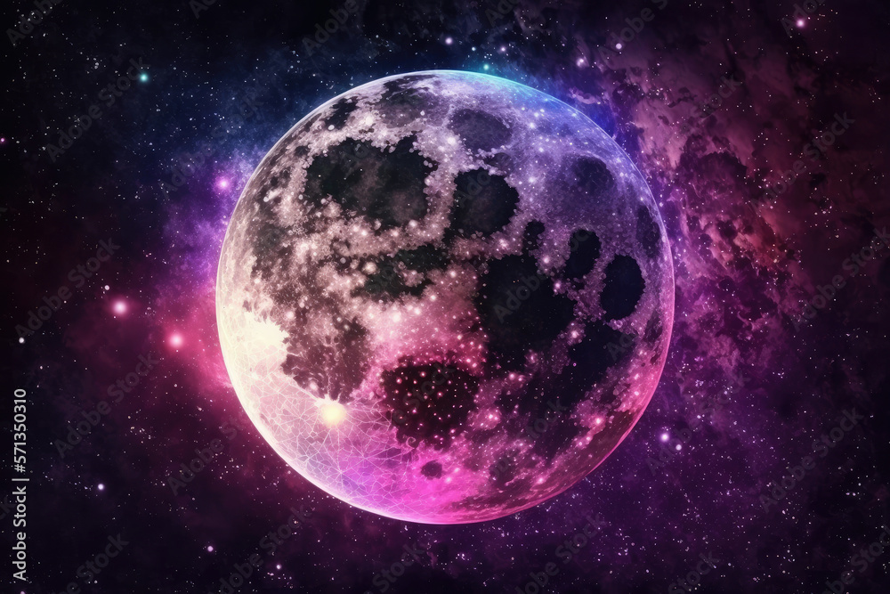 fabulous cosmic galaxy big pink with lilac blue moon in a cosmic starry sky made by generative ai