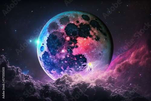 fabulous cosmic galaxy big pink with lilac blue moon in a cosmic starry sky made by generative ai