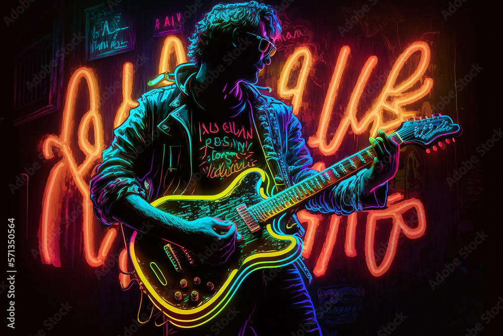 Naklejka premium ilustração guitarrista com luzes neon 