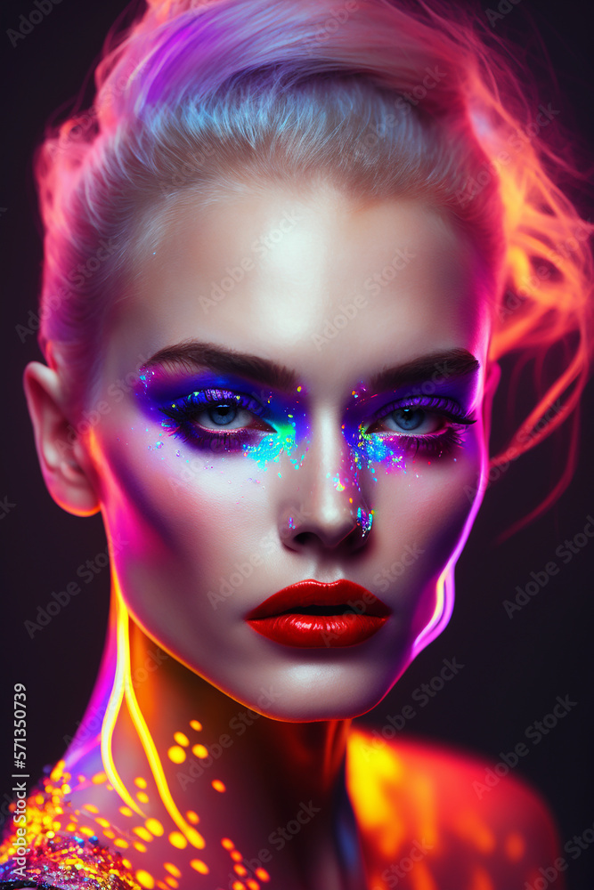 modelo fashion com maquiagem artistica neon criada com realidade virtual 