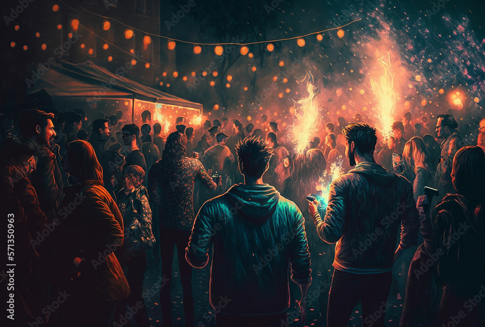 Obraz premium Young people partying outdoors - AI Generative