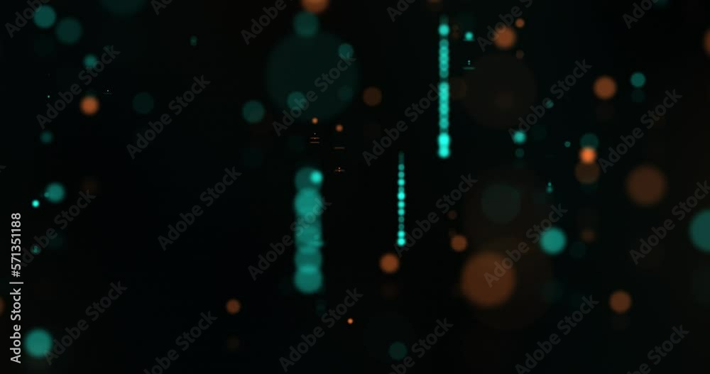Abstract bokeh lights in orange, green, and blue colors, creating a futuristic technology-themed background, seamless loop animation